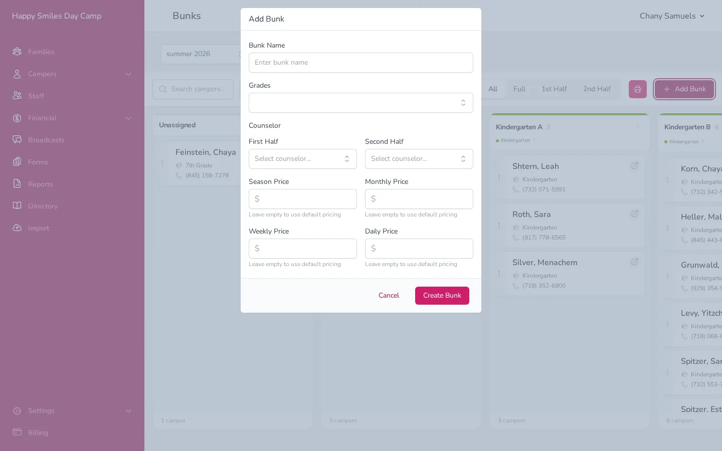 The Add Bunk form with fields for name, grades, counselors, and pricing