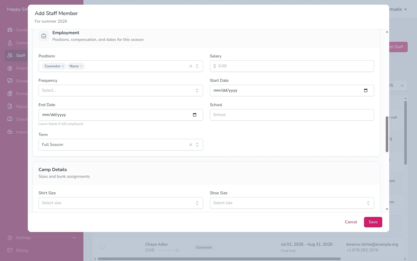 The Add Staff form with sections for personal information, employment details, and more