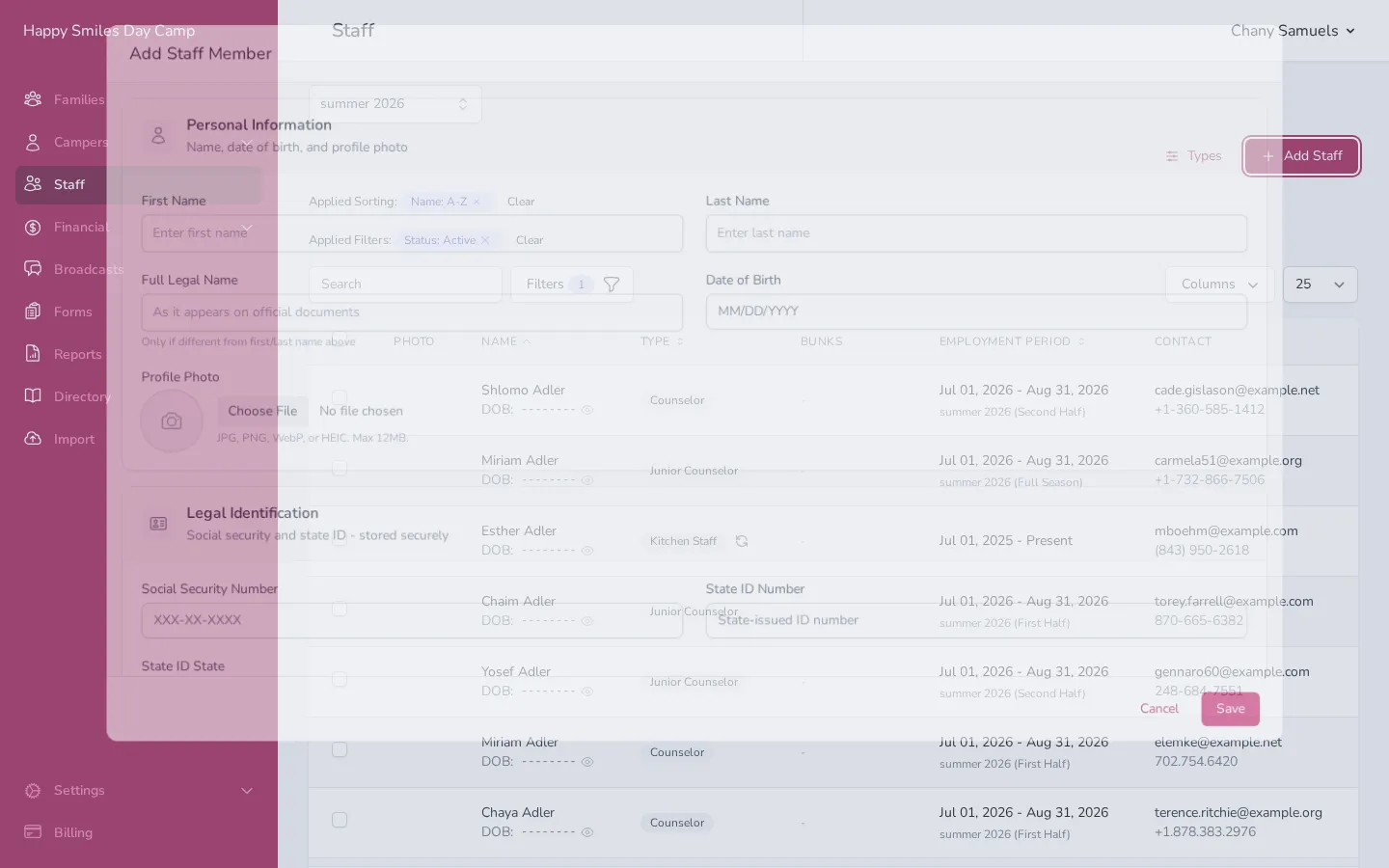 The Add Staff form with sections for personal information, employment details, and more
