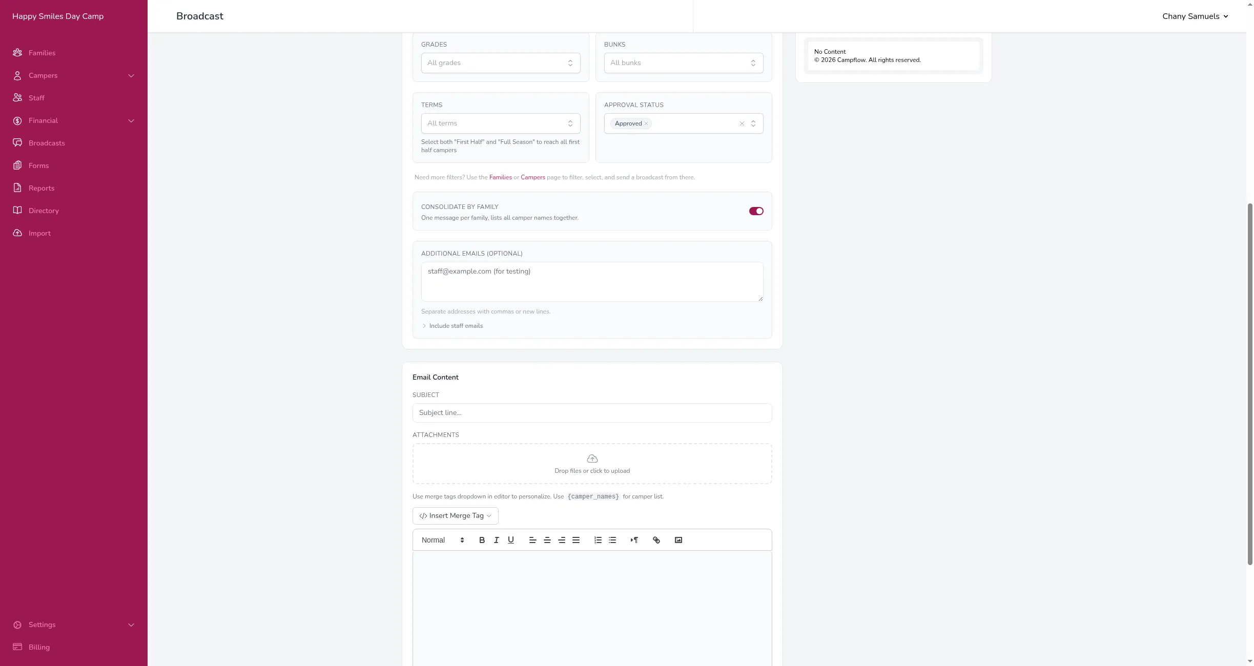 The email content section with subject line, attachments, merge tag button, and rich text editor