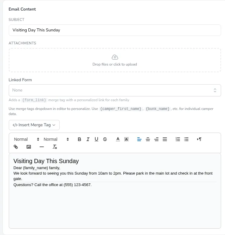 The email content section with subject line, attachments, merge tag button, and rich text editor