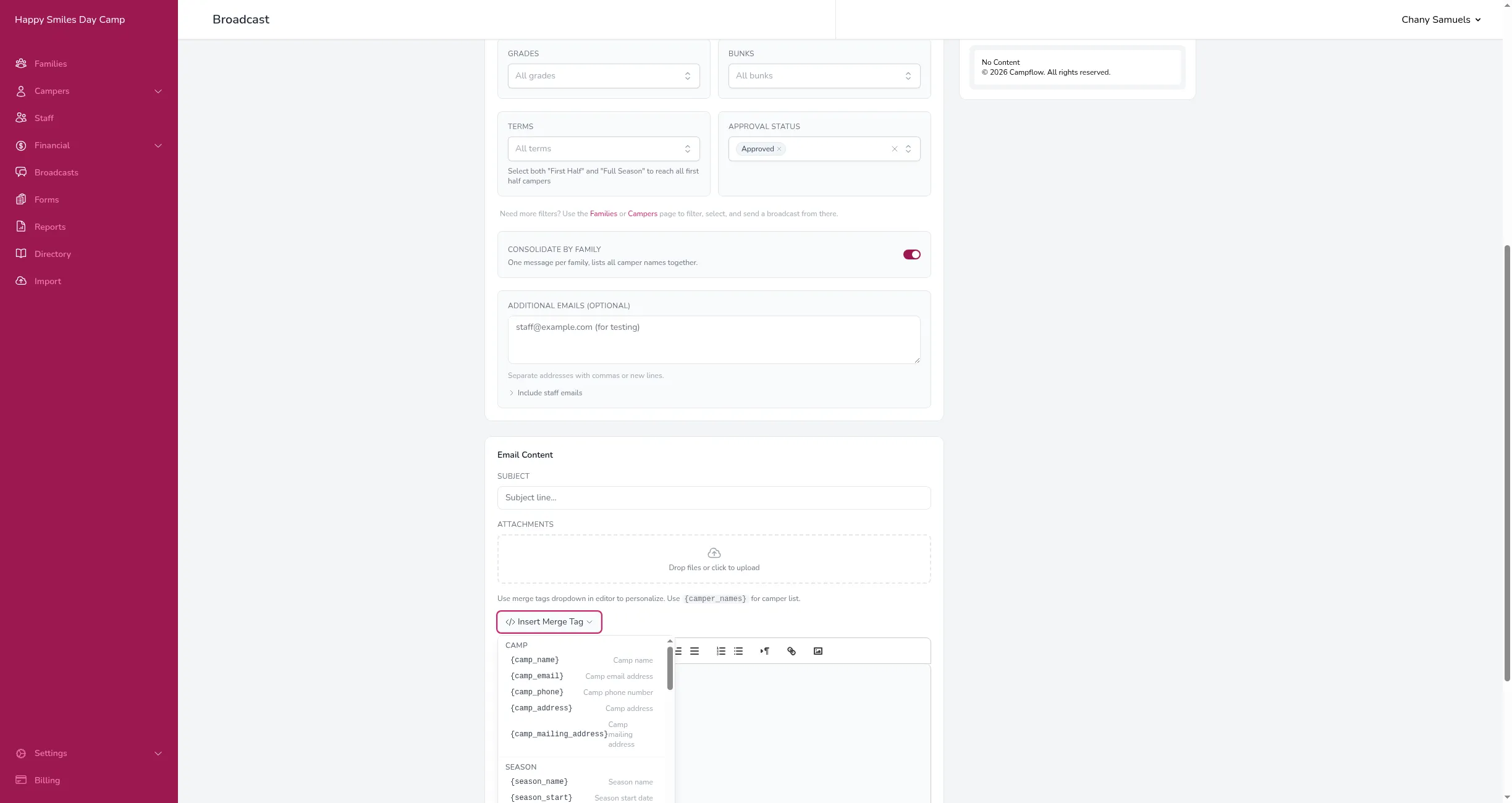 The Insert Merge Tag dropdown showing available tag categories
