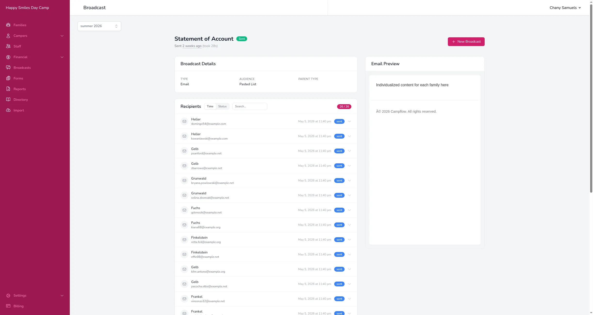 A sent broadcast showing delivery status for each recipient