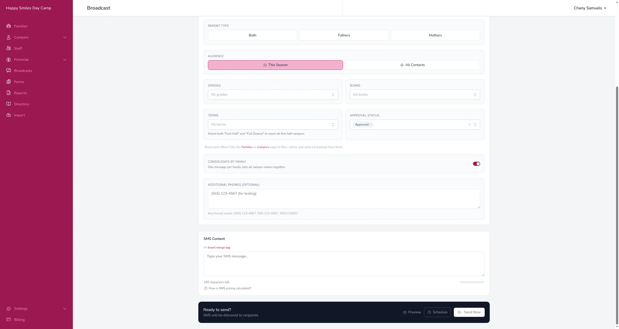 The SMS content section with text area, merge tag button, and character counter