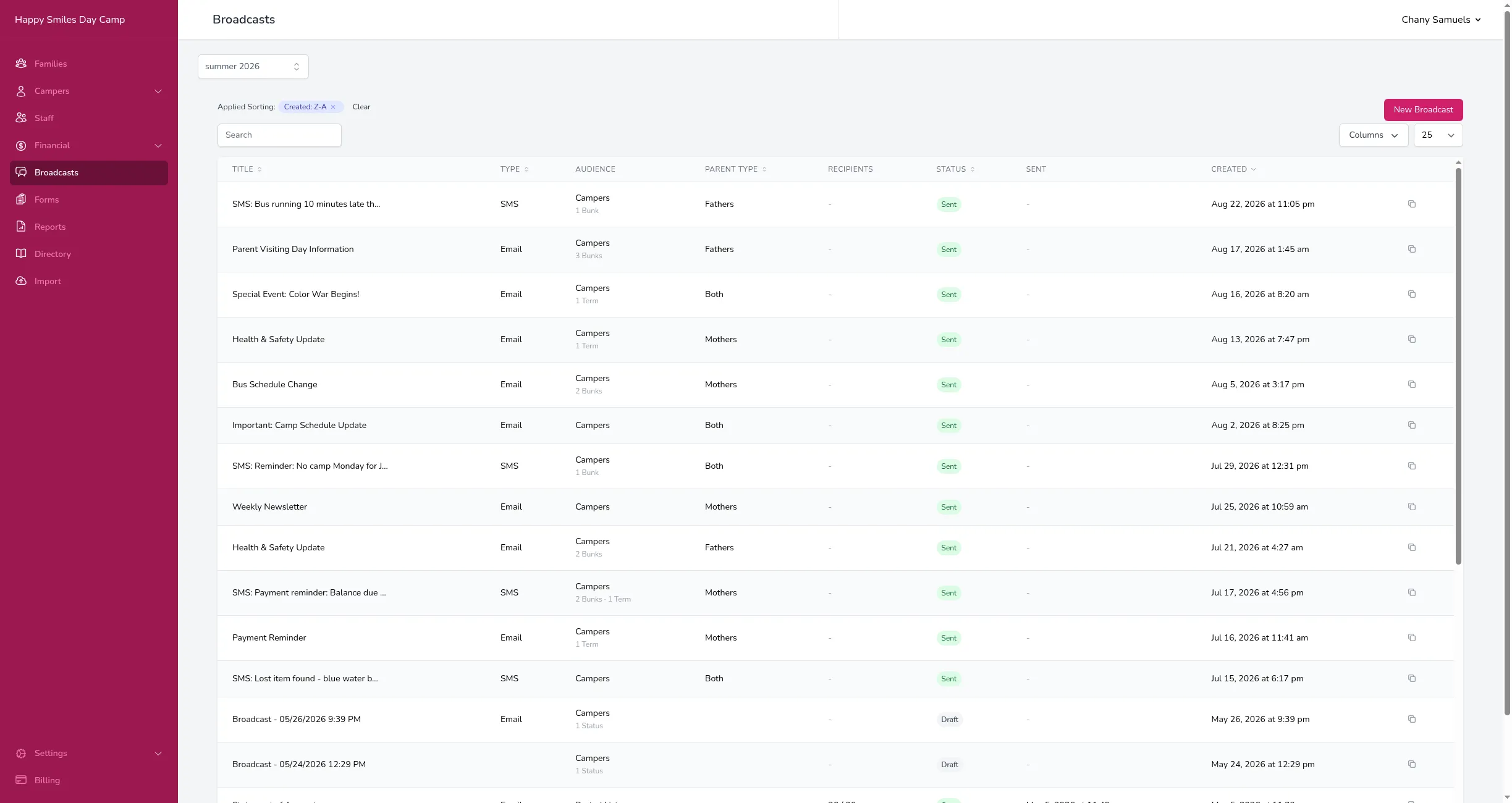 The Broadcasts page showing a list of sent and draft broadcasts