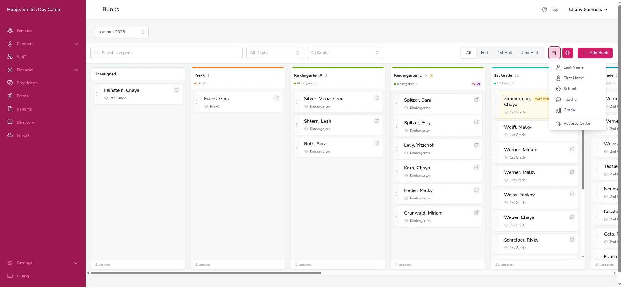 The sort dropdown menu showing options for Last Name, First Name, School, Teacher, Grade, and Reverse Order