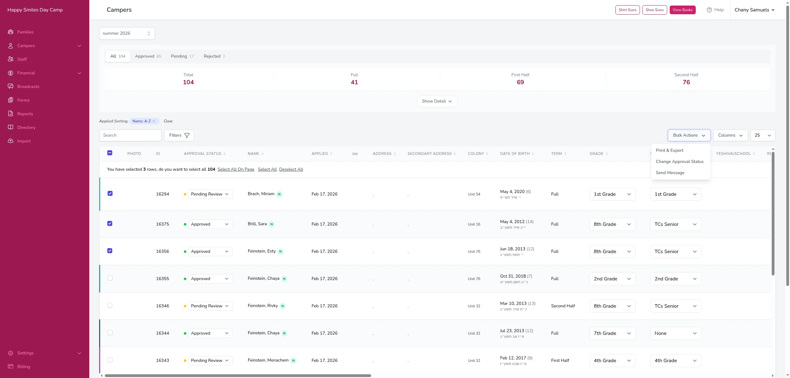 The Campers page with three rows selected, showing the Bulk Actions dropdown with Print & Export, Change Approval Status, and Send Message options
