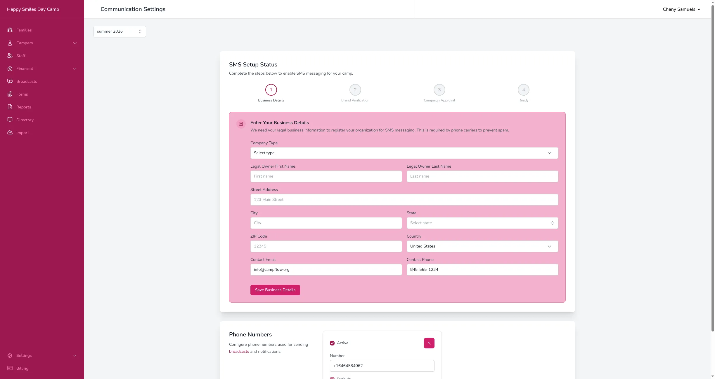 The Communication Settings page showing the setup steps and business details form