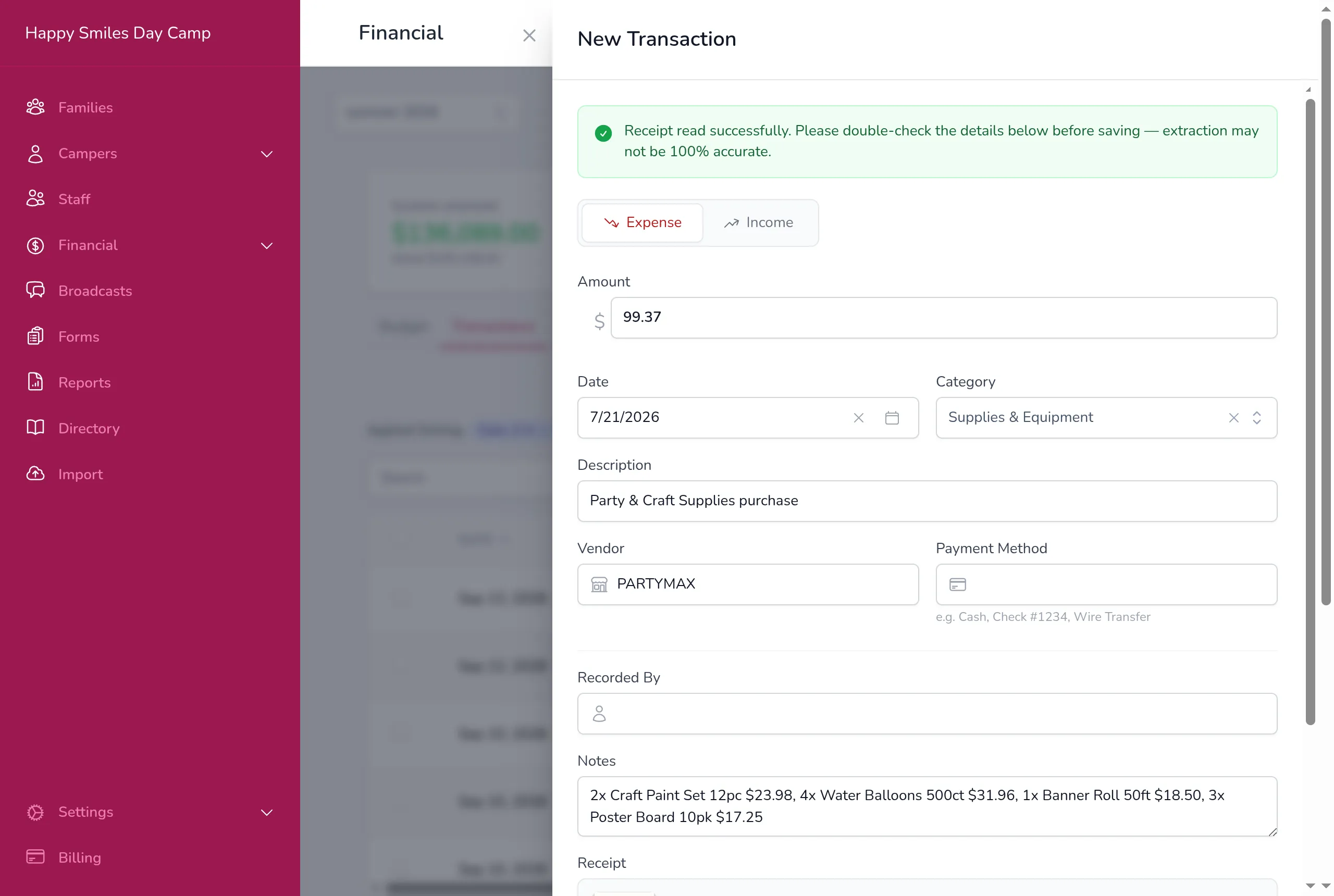 The transaction form filled in automatically from an uploaded store receipt, showing the amount, date, category, vendor, and itemized notes, with a banner asking to double-check the details
