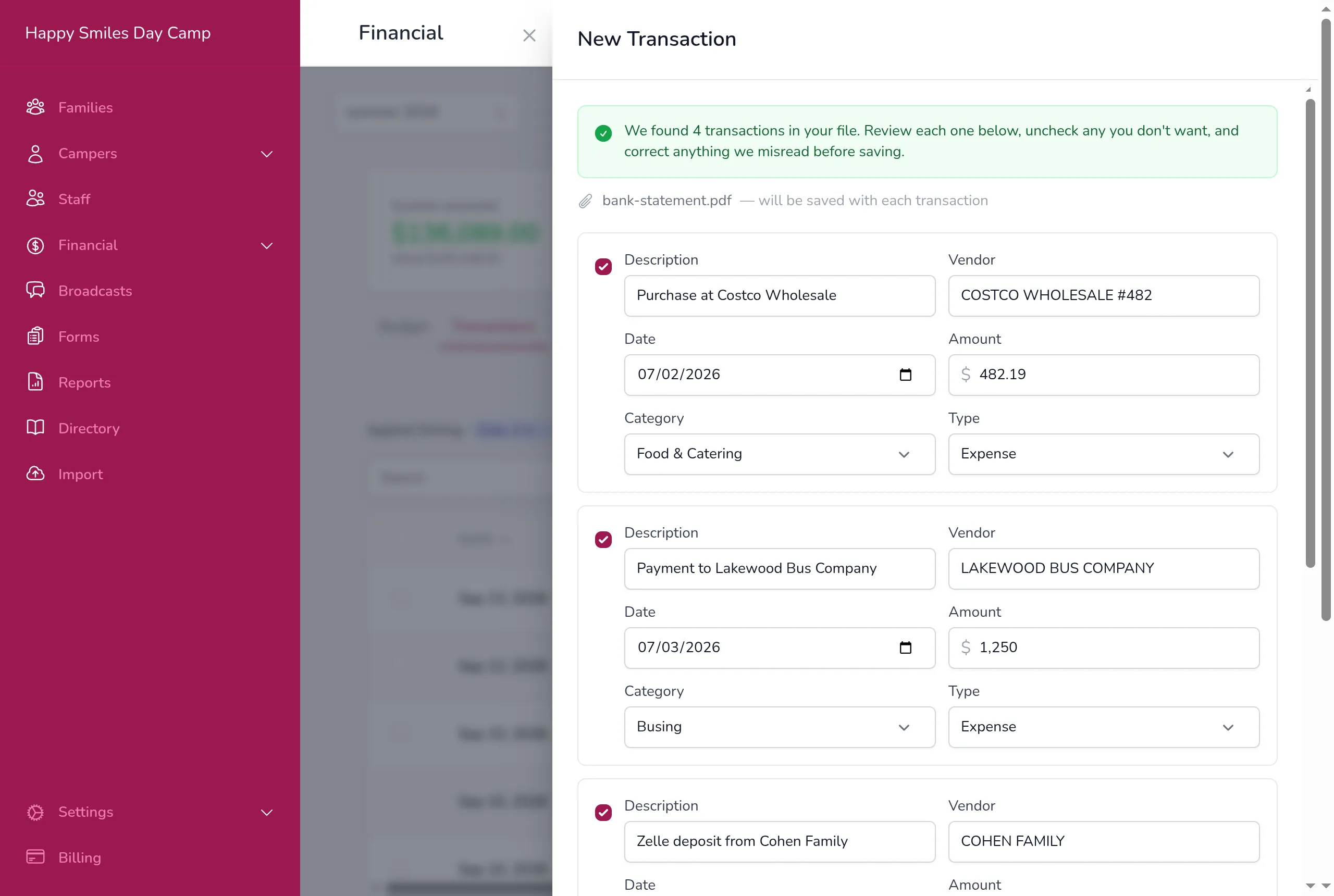 The review list after uploading a bank statement, showing several detected transactions with checkboxes and editable details for each