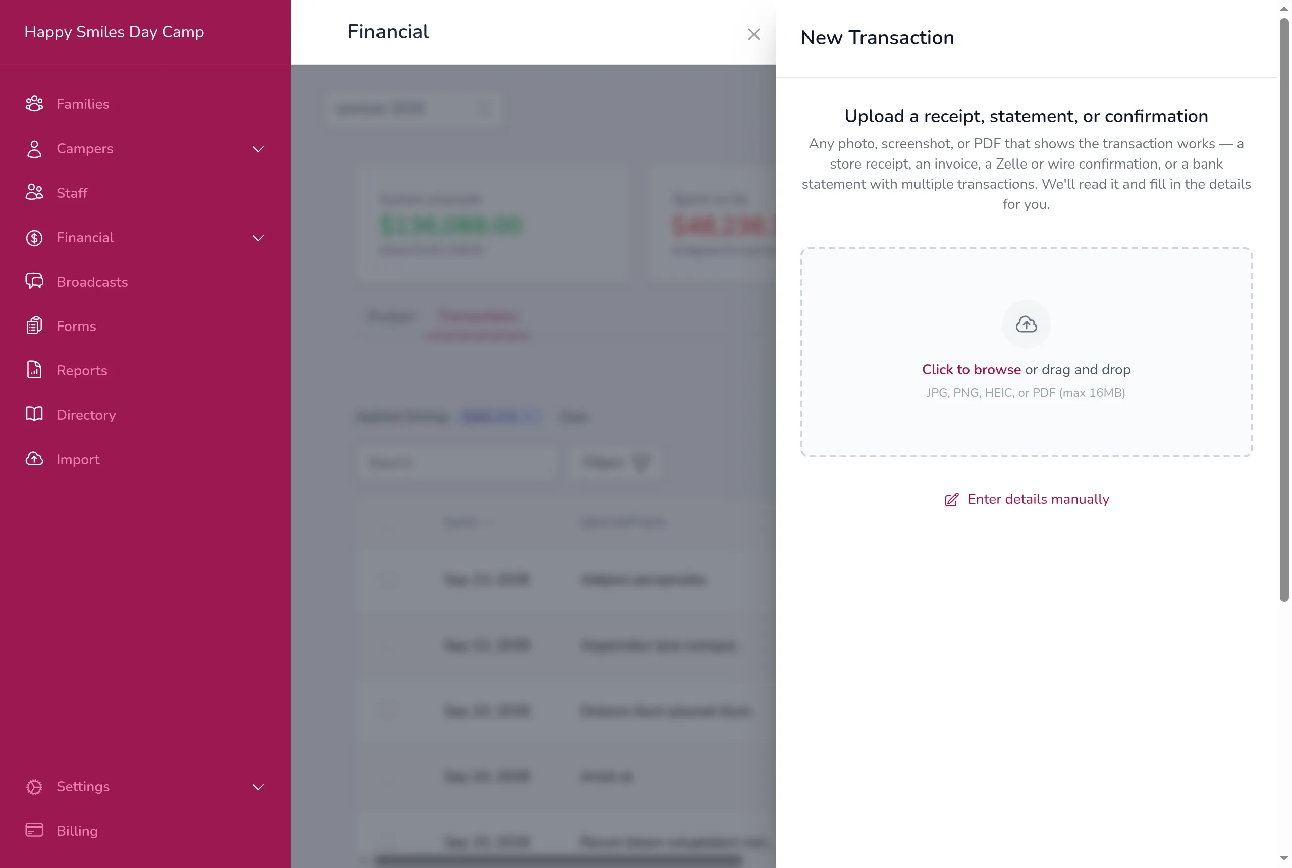 The New Transaction panel showing the upload area for a receipt, statement, or confirmation, with an Enter details manually button below