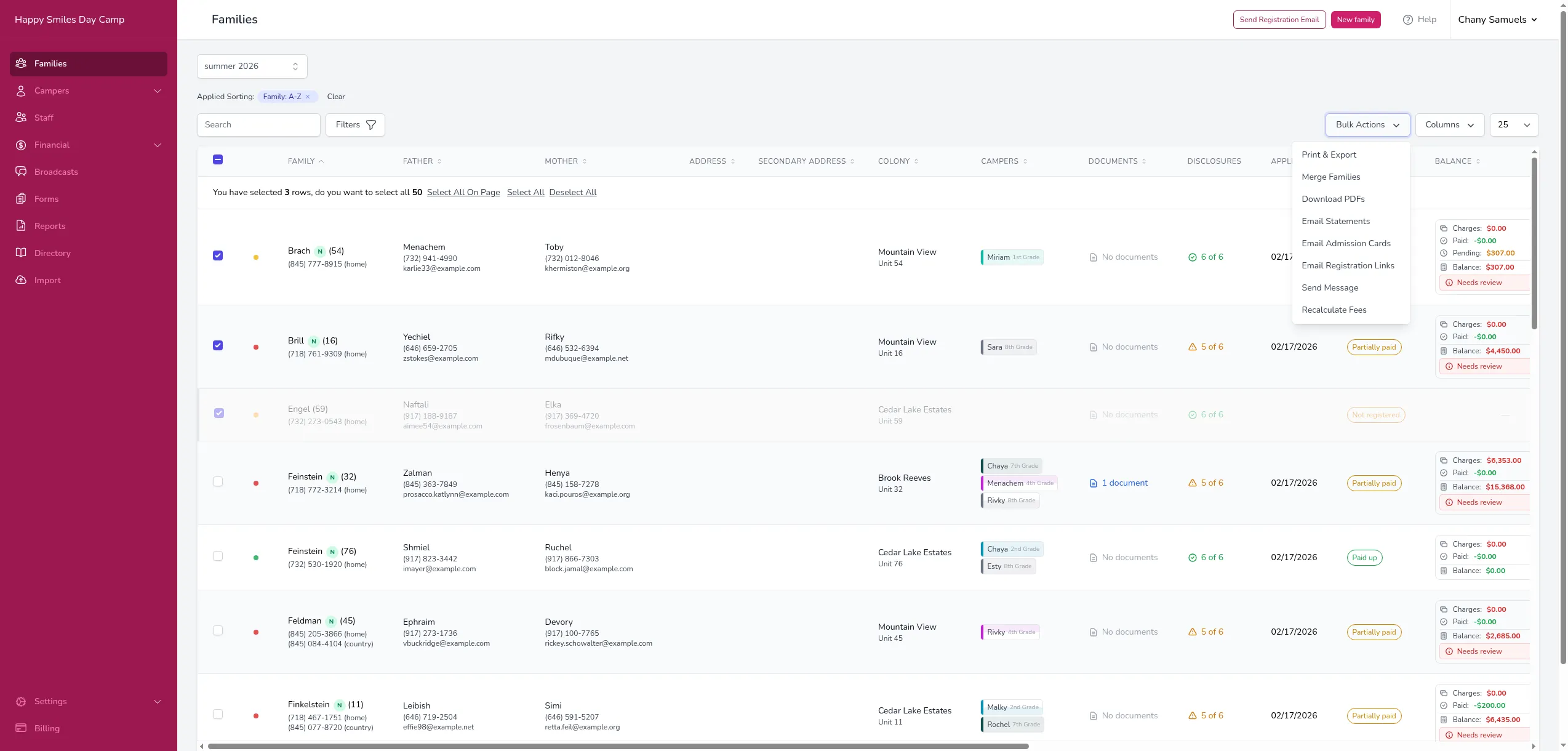 The Families page with rows selected, showing the Bulk Actions dropdown with Print & Export as the first option