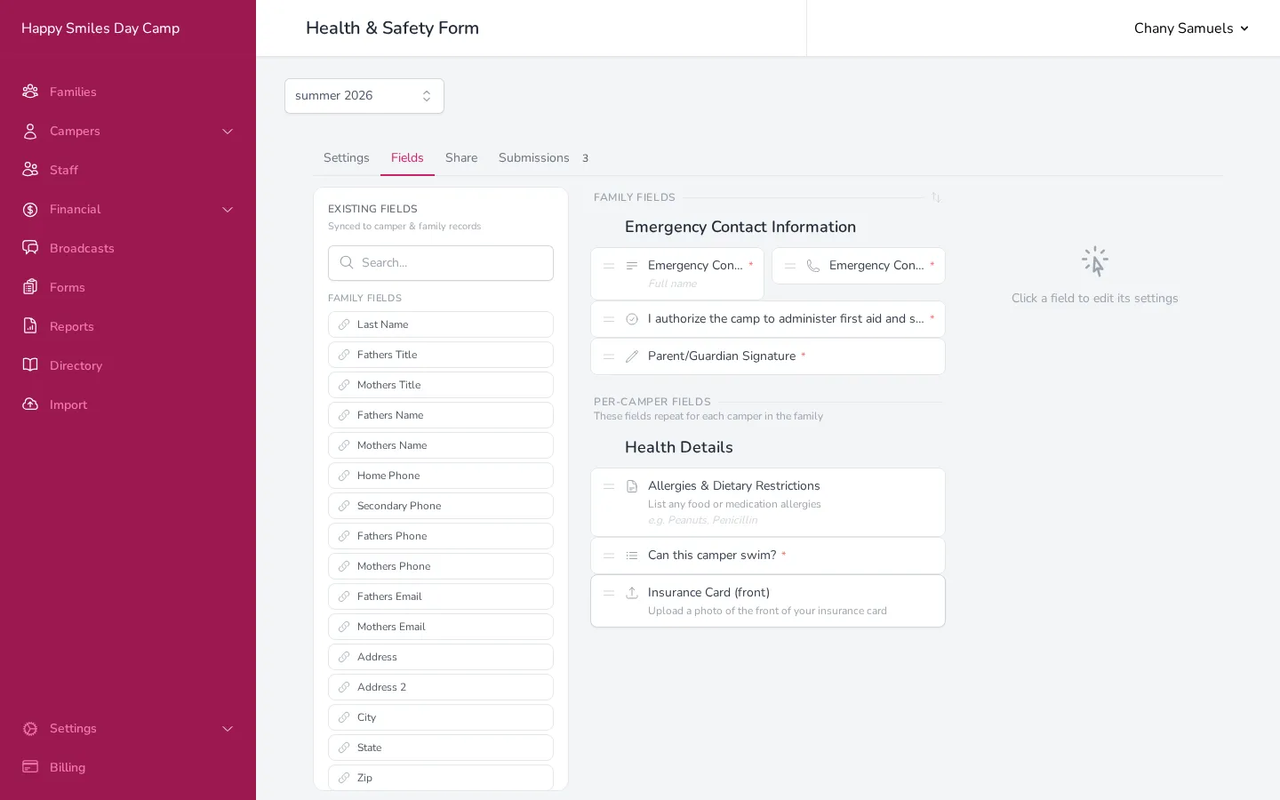 The form builder Fields tab with the field palette on the left, the canvas in the center, and field settings on the right