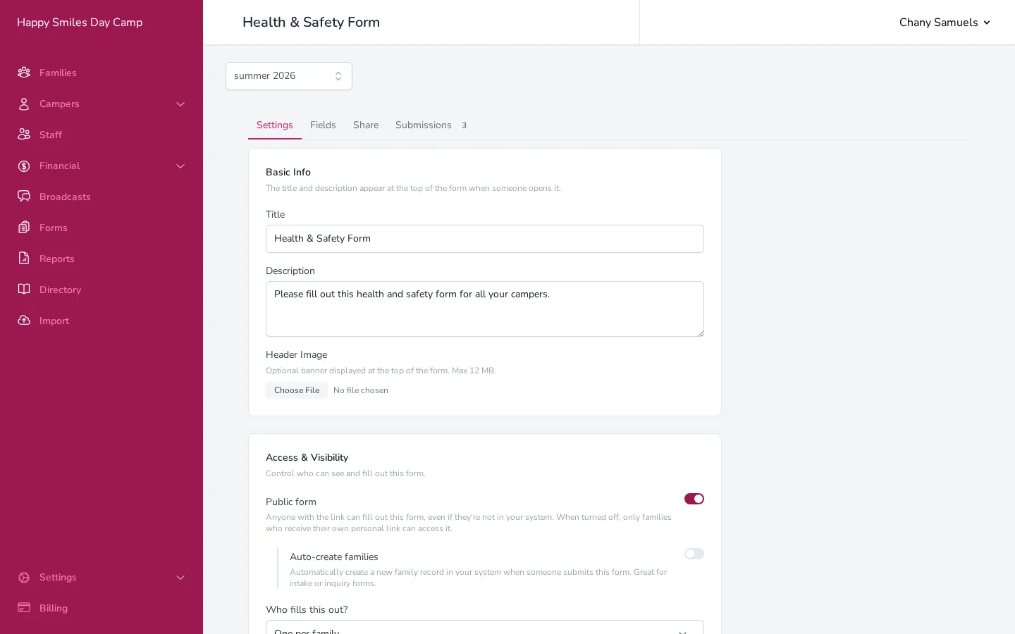The Settings tab showing the form title, description, and access controls