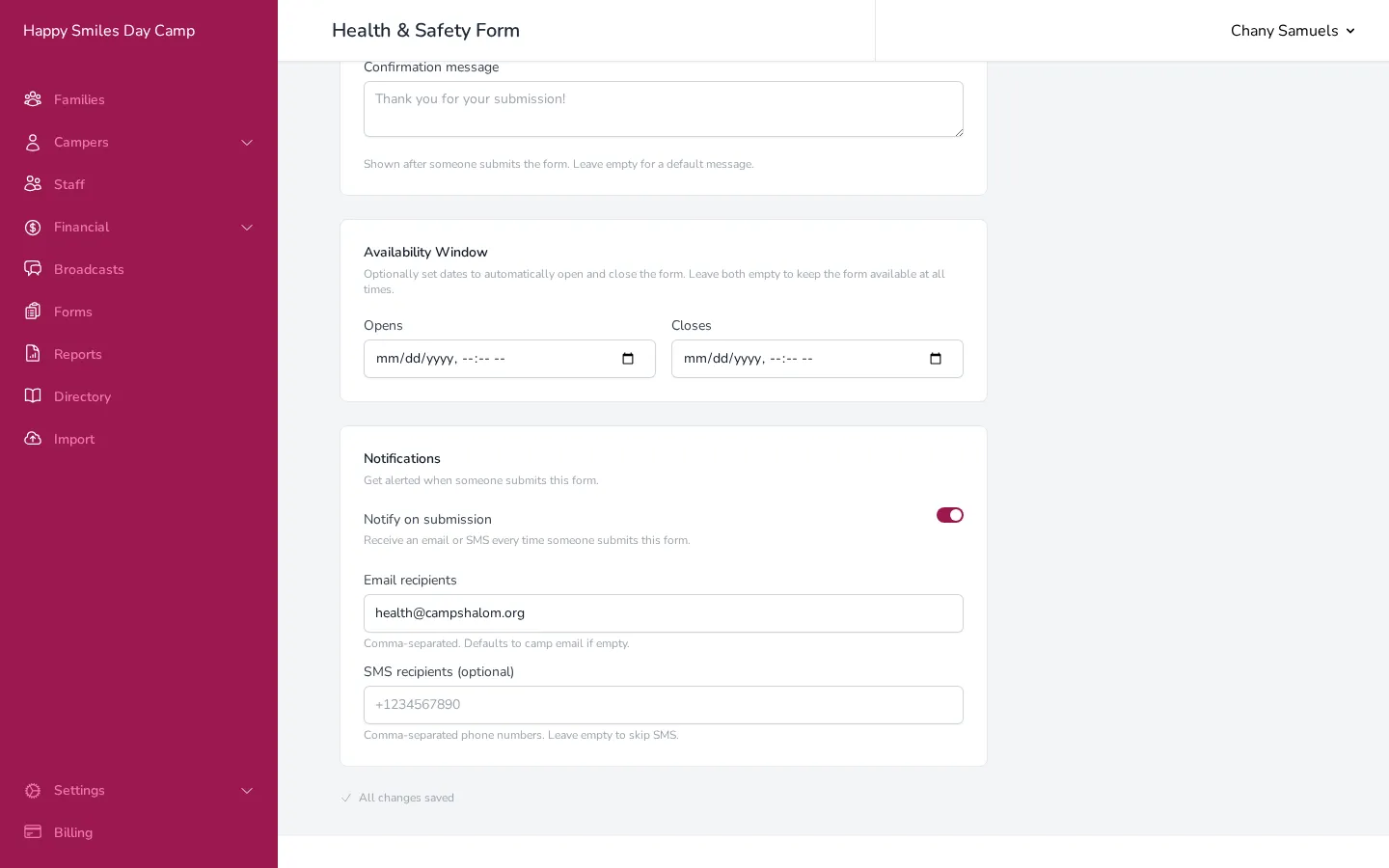 The Notifications section with email and SMS options