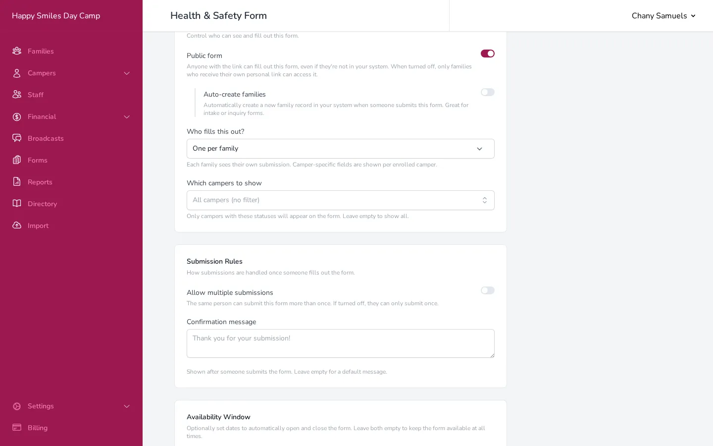 The Submission Rules and Availability Window sections