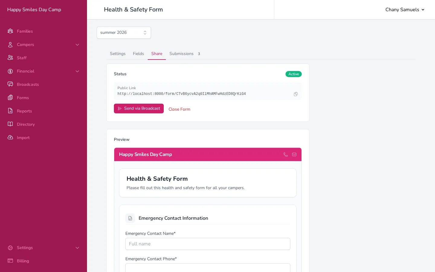The Share tab showing an active form with its public link, Send via Broadcast button, and a live preview