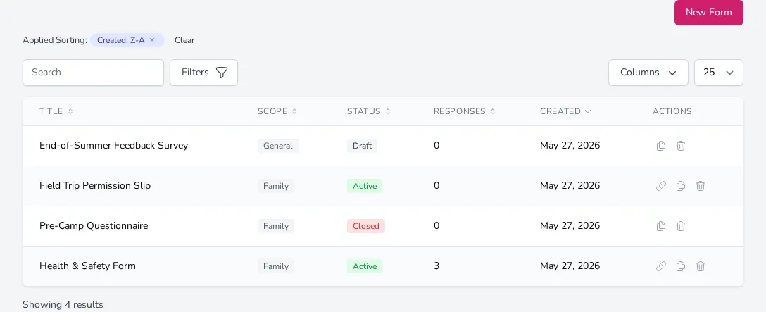 The Forms page showing a list of forms with their status, scope, and response count
