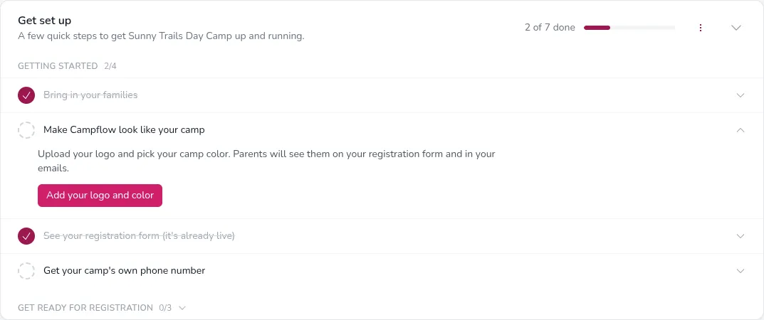 The Get set up checklist on the Families page, with completed steps checked off and the next step expanded