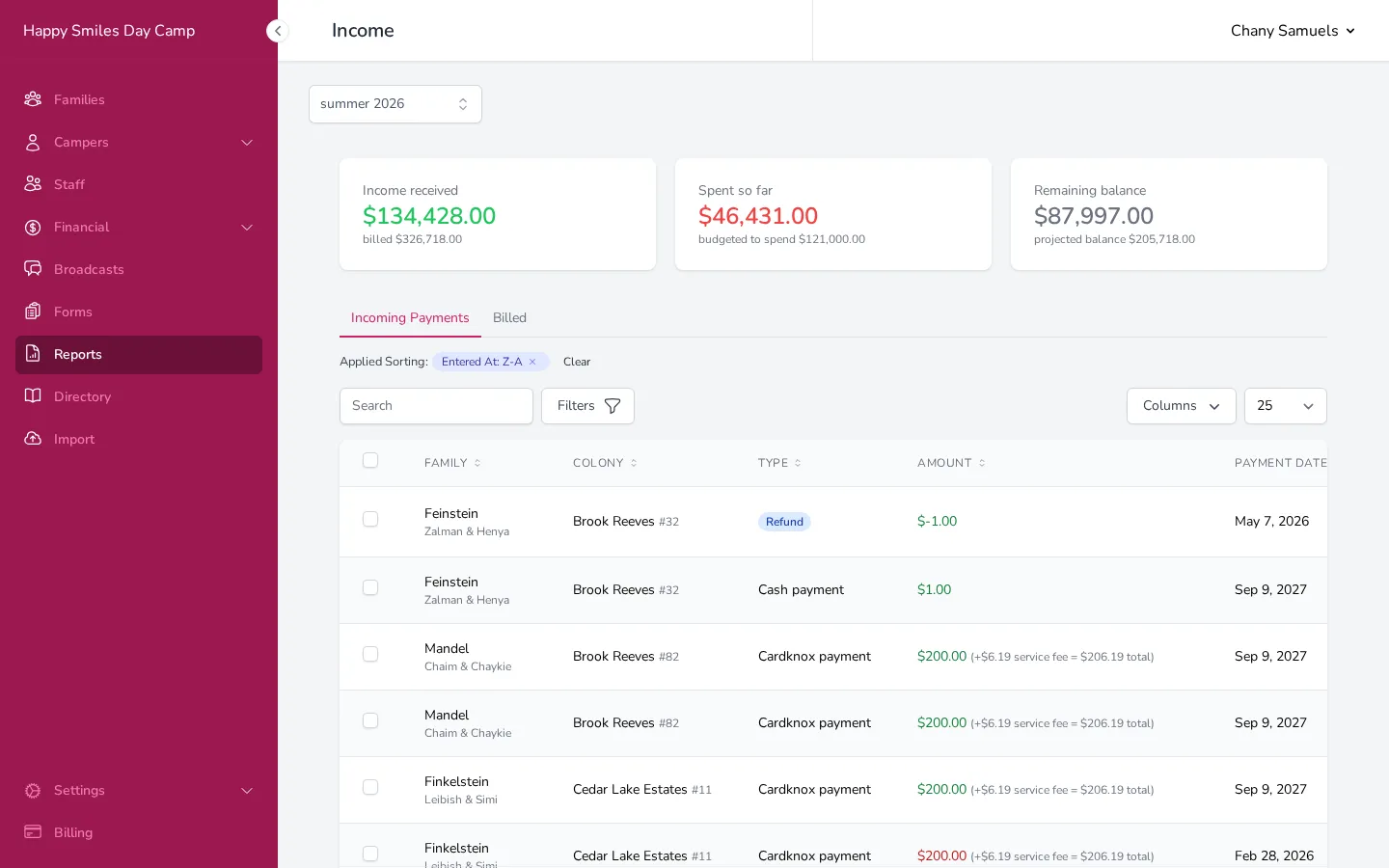 The Income page showing the payment table with summary tiles at the top