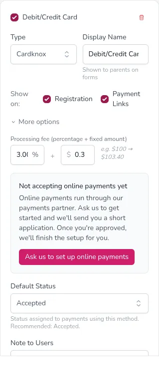 A card payment method in settings showing the Ask us to set up online payments button