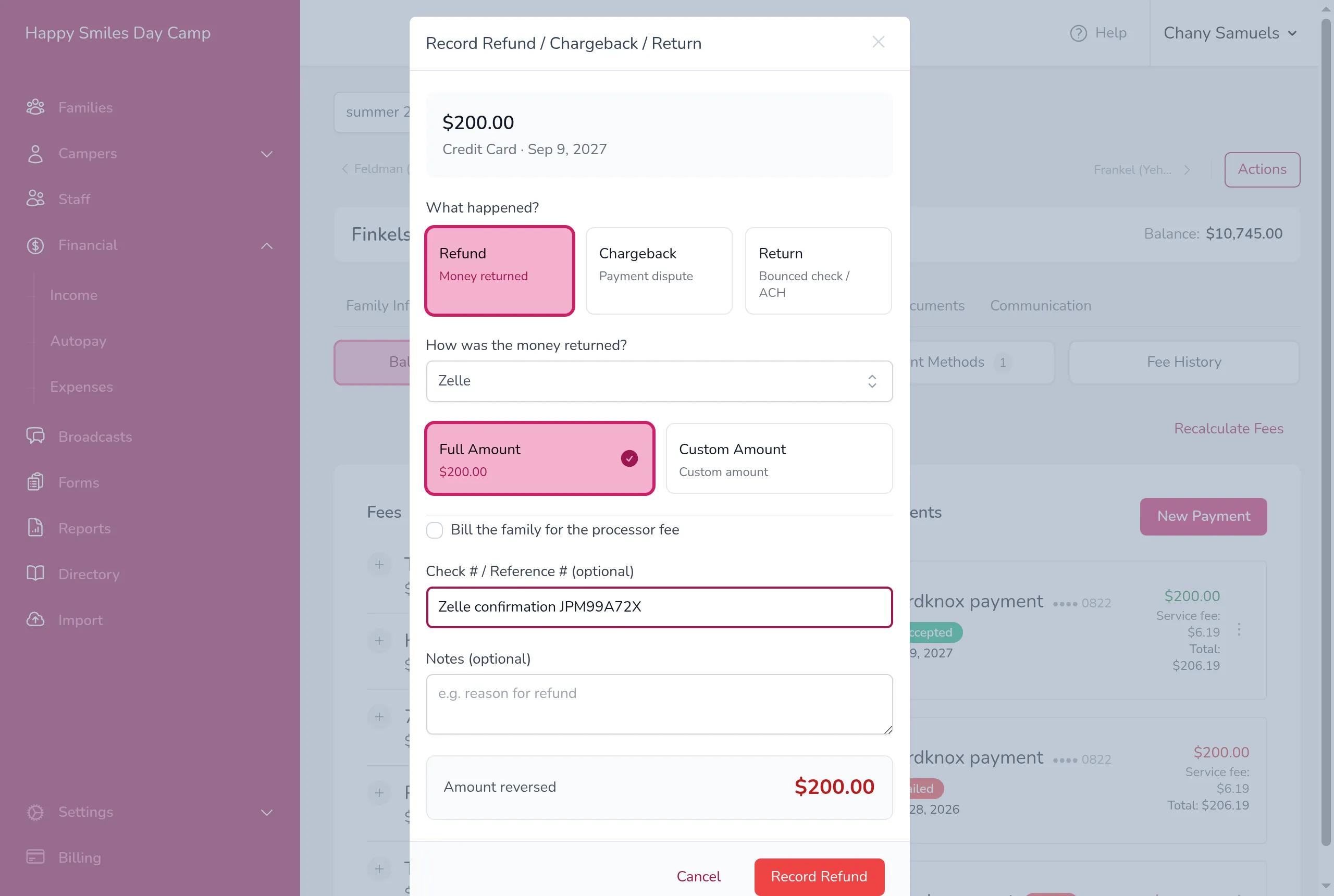 The Record Refund window with Refund selected, showing the "How was the money returned?" dropdown set to Zelle and a Zelle confirmation number entered as the reference