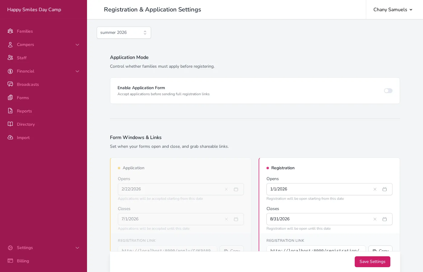The top of the Registration & Application Settings page