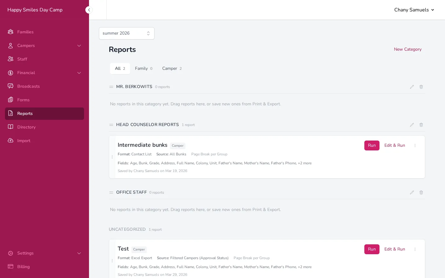 The Reports page showing saved reports organized into categories