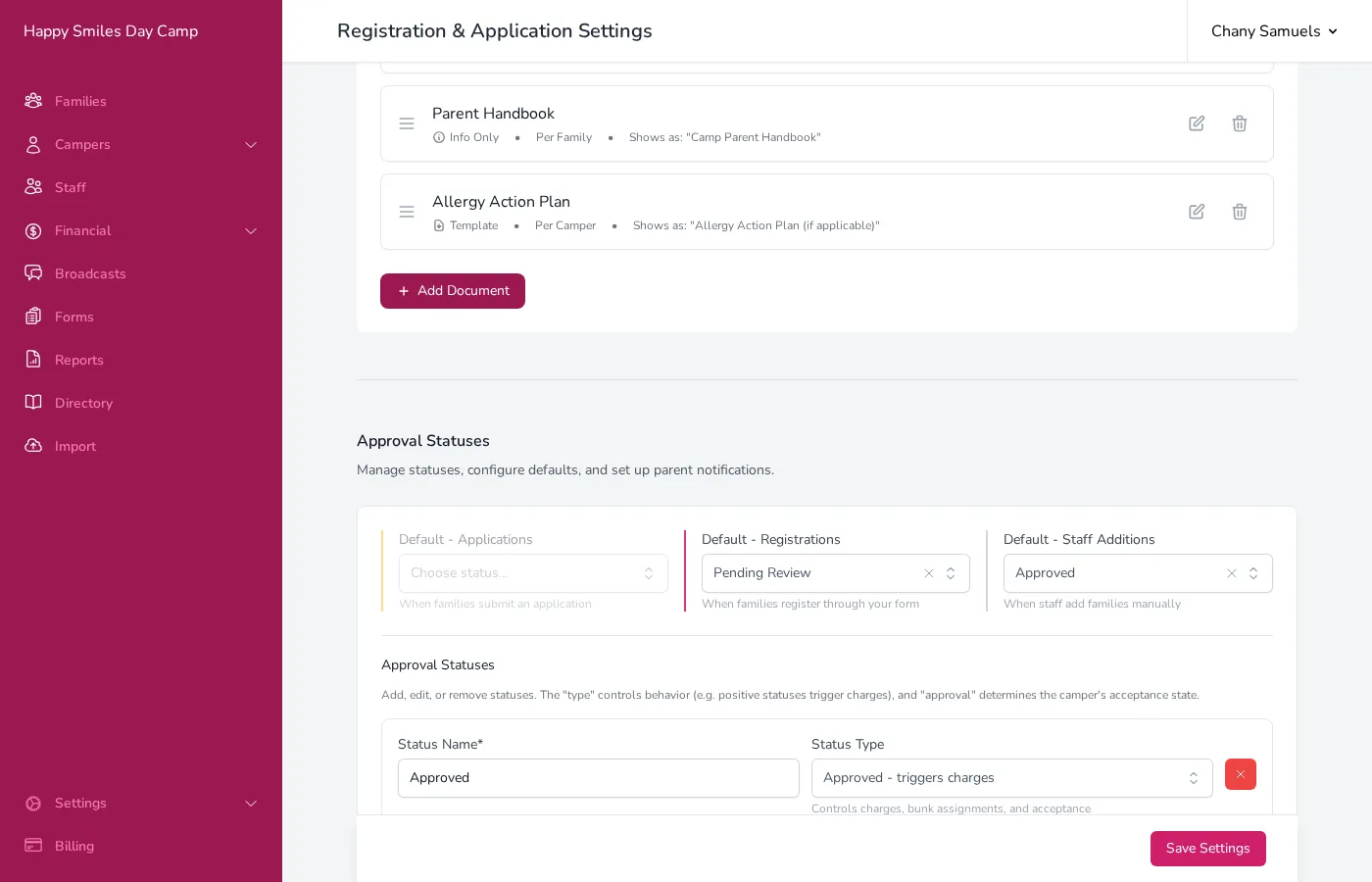 The Approval Statuses section showing default settings and individual status cards