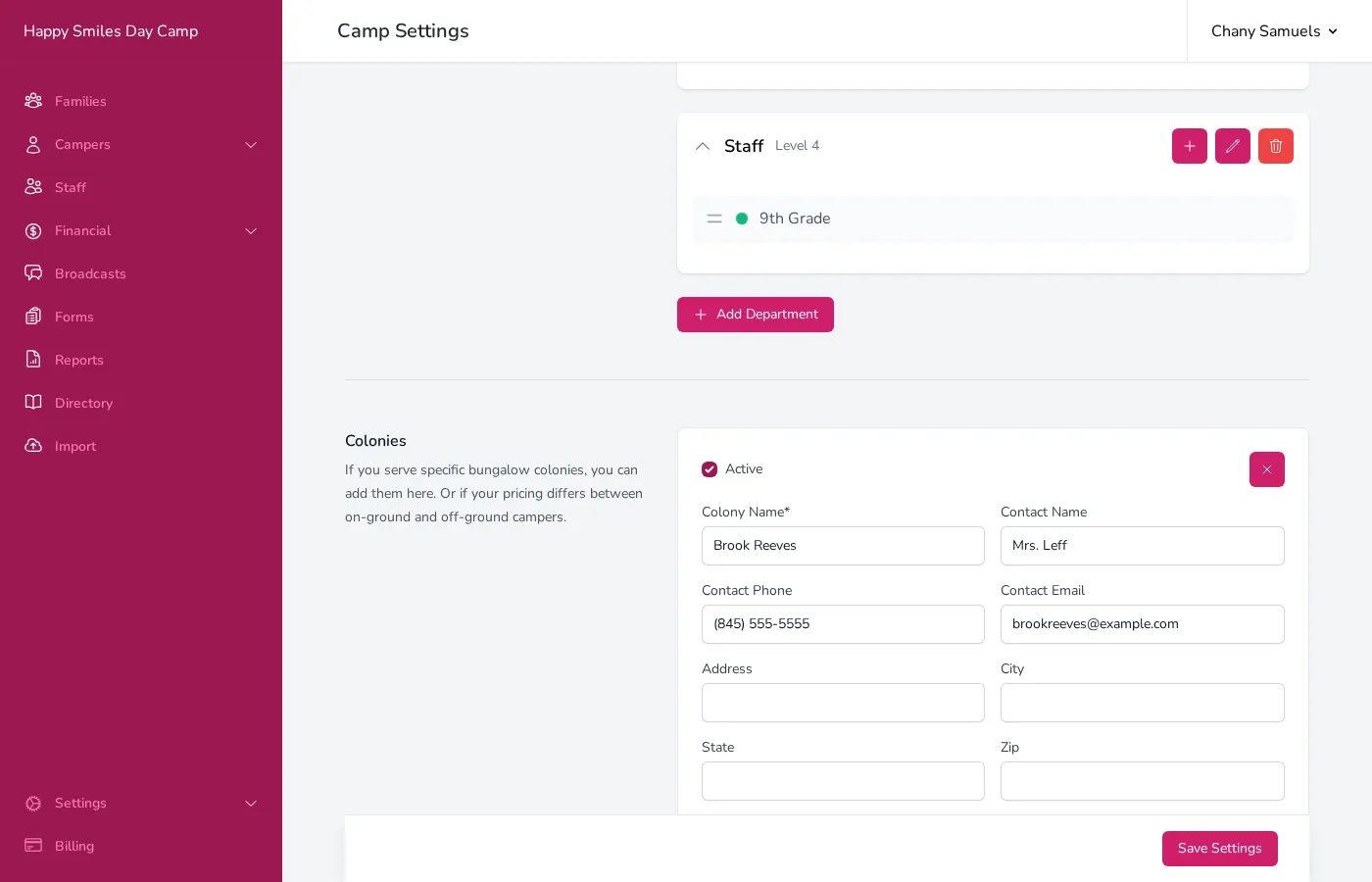 A colony card showing contact info, address fields, and pricing adjustments