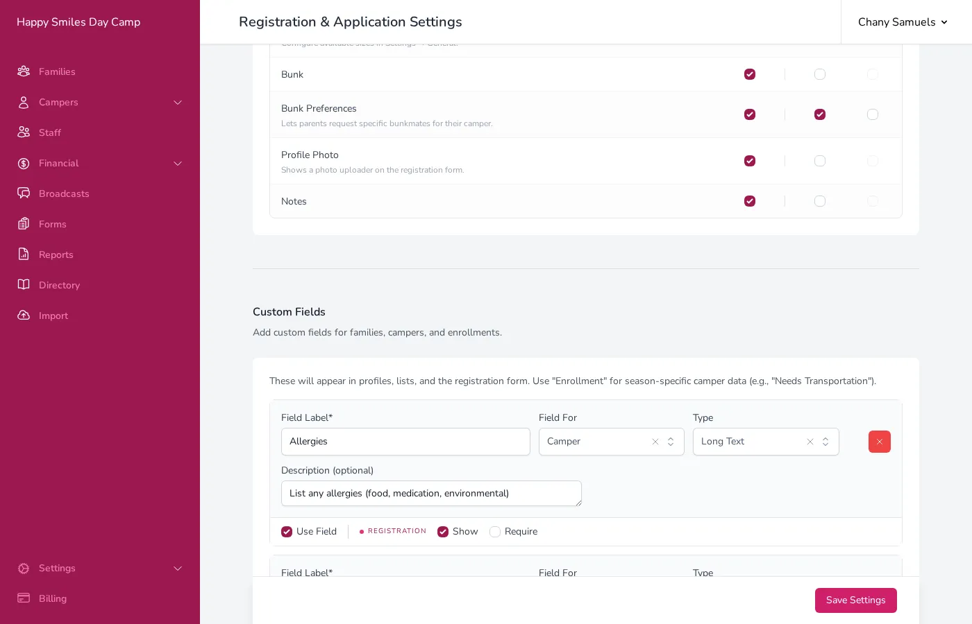 The Custom Fields section showing a field for allergies with its label, type, and visibility settings