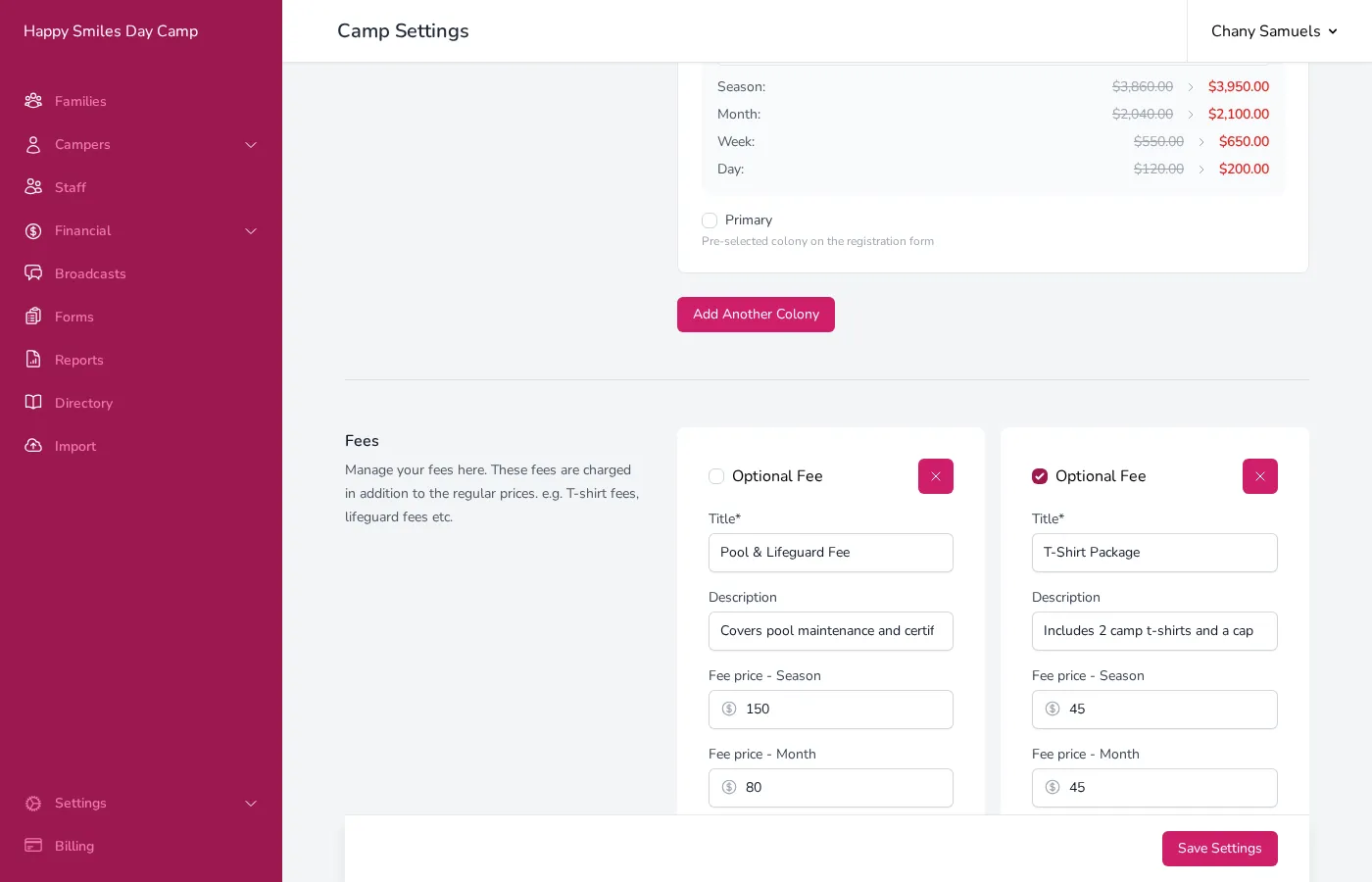 The Fees section showing two fees with their prices