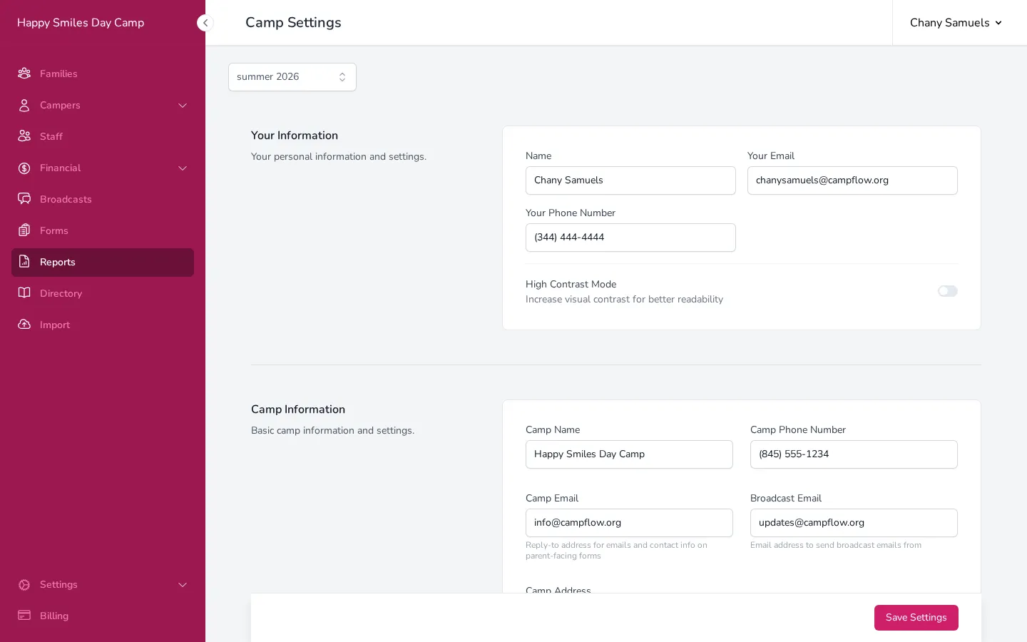 The top of the Camp Settings page showing Your Information and Camp Information sections