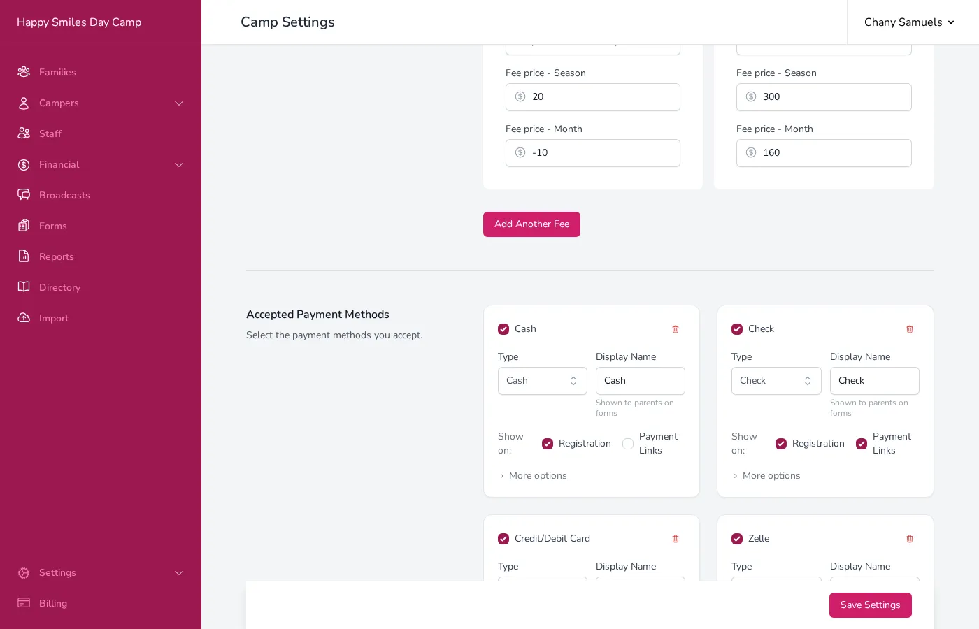 Payment method settings showing fee configuration