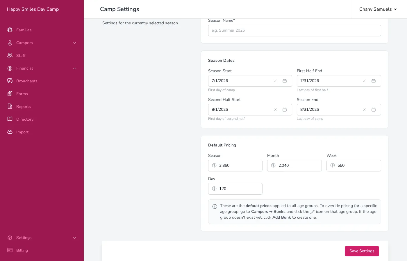 The Camp Season section showing season dates and default pricing