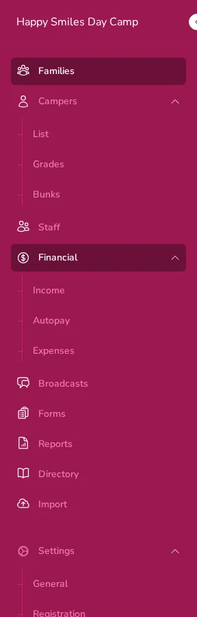 The sidebar with Campers, Financial, and Settings sections expanded