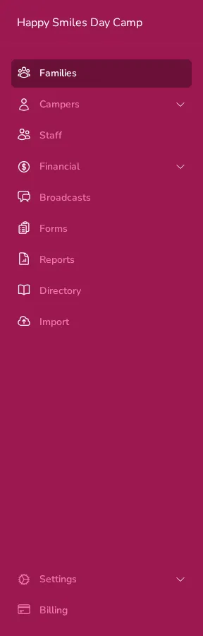 The Campflow sidebar showing all main navigation items