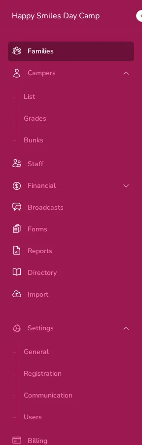 The sidebar with the Settings section expanded, showing General, Registration, Communication, and Users