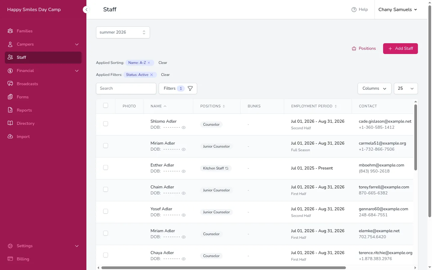 The Staff page showing a searchable table with staff member details