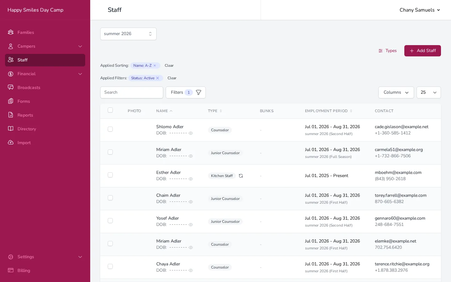 The Staff page showing a searchable table with staff member details