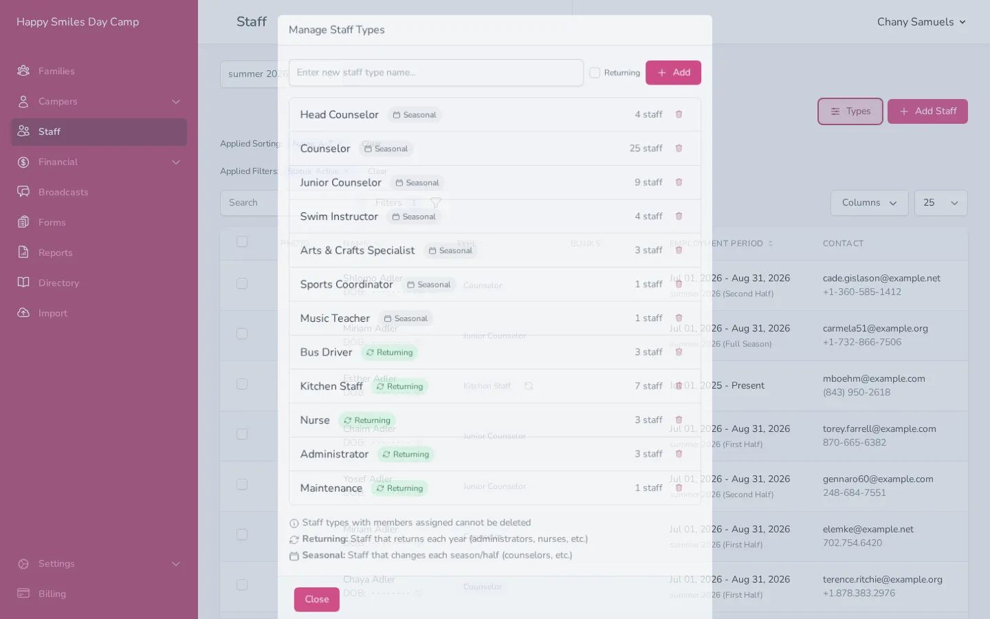 The Manage Staff Types window showing a list of staff types with their returning/seasonal badges