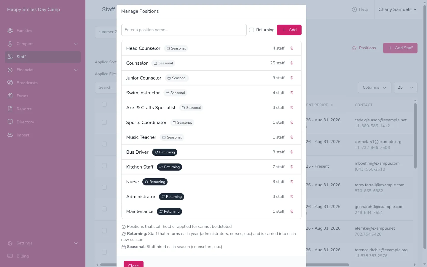 The Manage Positions window showing a list of positions with their returning/seasonal badges