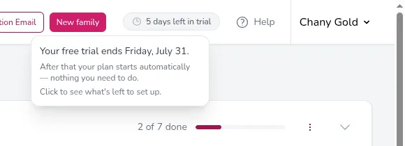 The trial countdown in the header showing the days left and the exact end date