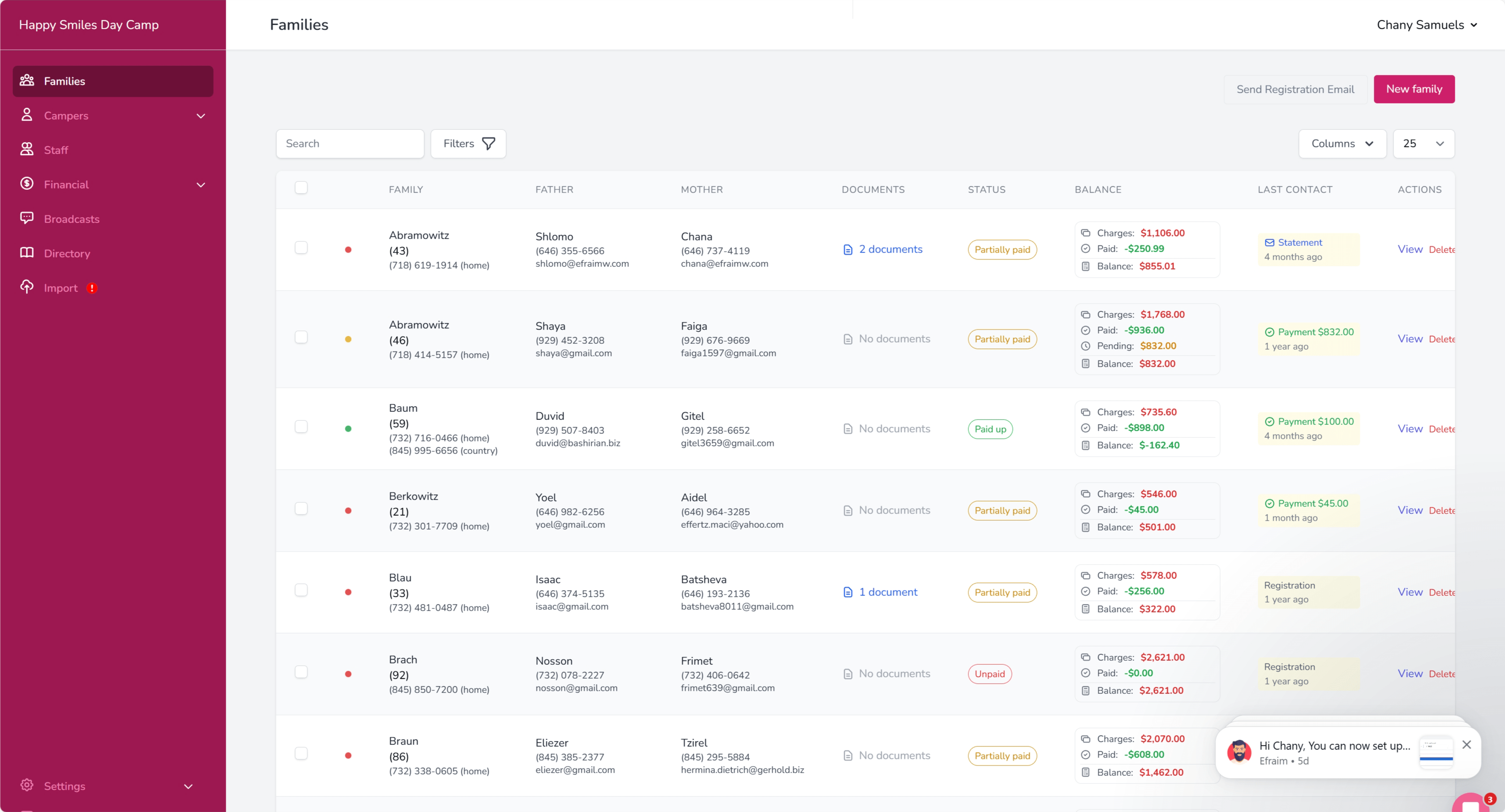 Campflow Families Overview — see every family's status, balance, and details at a glance
